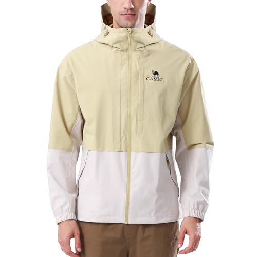 CAMEL Men's Rain Jacket - Lightweight Waterproof Windbreaker Softshell Jacket for Hiking and Travel with Hood