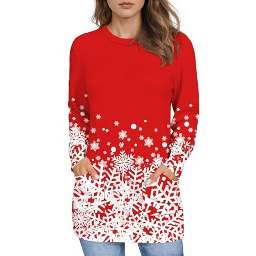 LOMON Long Sleeve Womens Tunic Tops to Wear with Leggings Loose Fit Crew Neck T Shirts with Pockets Small Red Flower