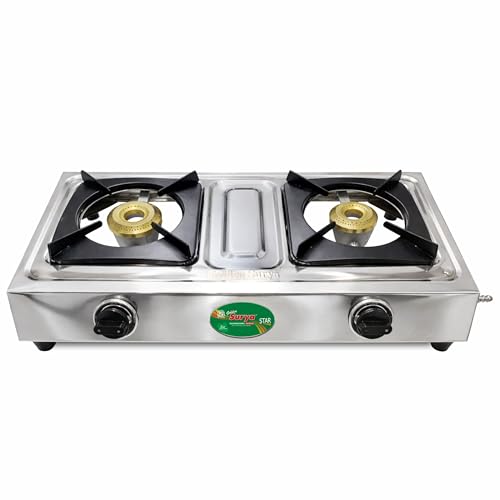 Image of Golden Surya Star 2 Burner LPG Gas Stove with High Efficiency Burners, Stainless Steel Body, Heavy MS Pan Support, Manual Ignition, ISI Certified, 18 Months Warranty