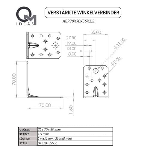 OMIDEAS 12 x Winkelverbinder mit Sicke (70 x 70 x 55 x 1.5) Lochwinkel Bauwinkel Holzverbinder Schwerlast Verbinder Winkel, Silber Verzinkt