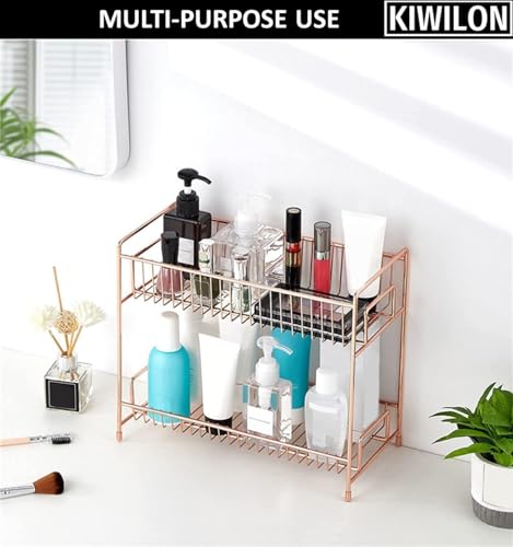 Image of 2 Tier Golden Countertop Organizer for Bathroom Kitchen Rack Organiser with Plastic Marble Look Plastic Tray Cosmetic Storage Shelf (Rose Gold, M)