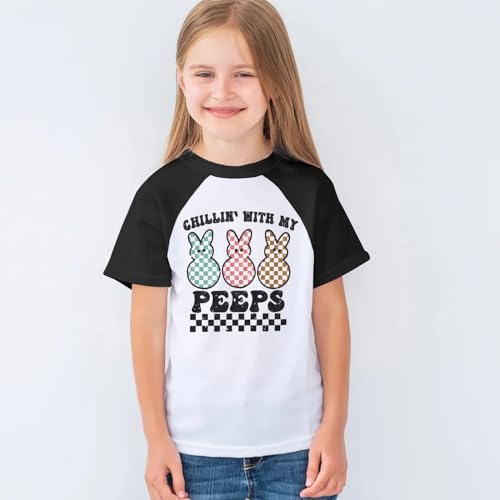 Image of MODNTOGA Boys Girls Easter Outfit Bunny Graphic T-Shirt Chillin' with My Peeps Letter Print Short Sleeve Tee Tops