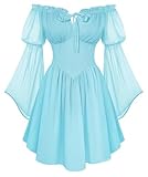 SCARLET DARKNESS Damen Renaissance Sommerkleid Schulterfrei Lace-up Korsett Kleid Chiffon Langarm Minikleid Hellblau XL