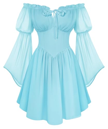Scarlet Darkness Damen Renaissance Kleid 2026 Sommer Boho Schulterfrei Flowy Korsett Minikleider Hellblau L