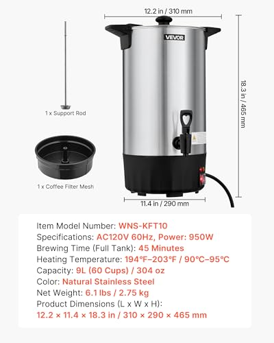 Image of VEVOR Commercial Coffee Urn 60 Cups, 9.5 qt Hot Beverage Dispenser