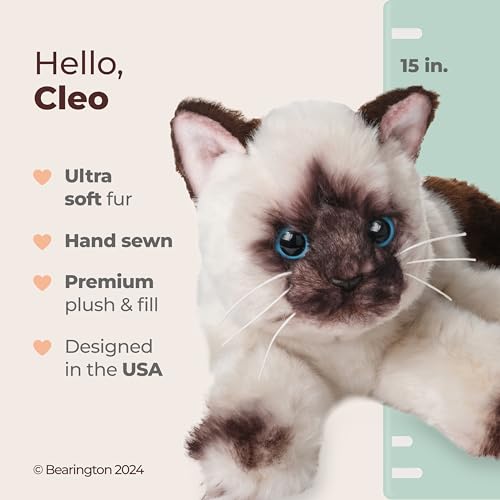 Image of Bearington Cleo Siamese Cat Plush Toy - 15 inch Realistic Stuffed Cat with Soft Fur, Weighted Paws and Lifelike Details - Cuddly Soft Plushies for Girls, Kids, and Kitten Lovers - Gift for Play or Display