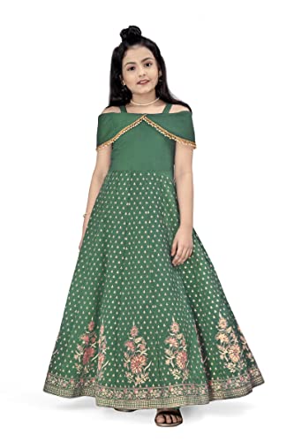 Image of Fashion Dream Girls Crepe Silk Maxi Length Cold Shoulder Dress|Maxi Dress|Long Dress|Girls Dress Maxi Dress(Green 11-12 Year)
