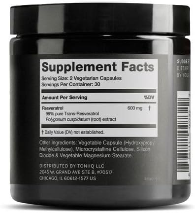 Toniiq Ultra High Purity Resveratrol Capsules - 98% Trans-Resveratrol - Highly Purified and Bioavailable - 60 Caps Reservatrol Supplement