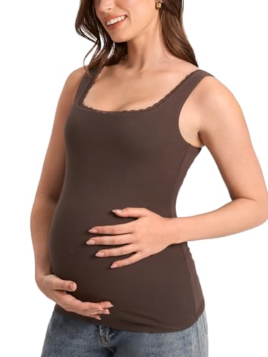 MOMANDA Cotton Ribbed Maternity Tank Tops Square Neck with Lacetrim Summer Sleeveless Pregnancy Workout Shirts Clay Brown Small