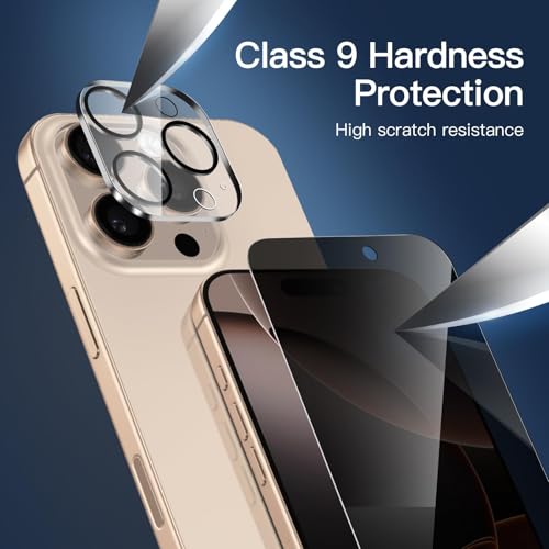Image of NEW'C 3x Privacy Screen Protector for iPhone 16 Pro (6.3 inches)+ 3x Camera Lens Protector, Sensor Protection, Case Friendly Tempered Glass Film, Ultra Resistant, Easy installation tool included