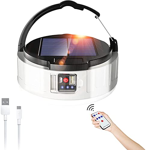 Lanterne de Camping Solaire 38 LEDs Lampe Camping Rechargeable par USB, 3 Modes D'éclairage Lumières de Tente, SOS, IP65 Étanche avec Télécommande, Charger les Téléphones pour Randonnée