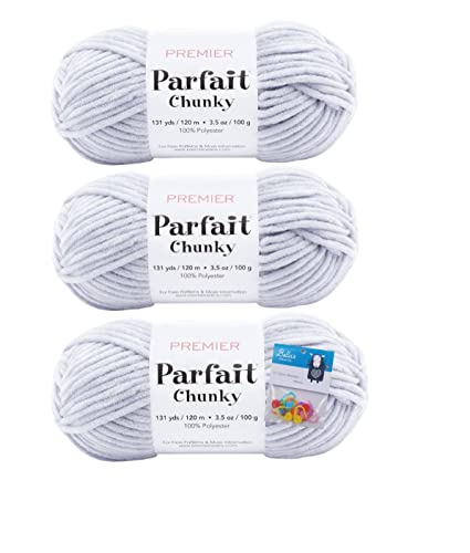 Image of Premier Yarns Parfait Chunky Chenille Yarn 3.5 Oz 6 Super Bulky Weight 3 Pack Bundle with Bella's Stitch Place Holders (Cloudy Day)