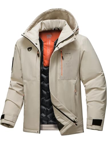 Image of Men's Thermal Waterproof Windproof Jacket Hooded Insulated, Lightweight Winter Snow Coat with Multiple Pockets