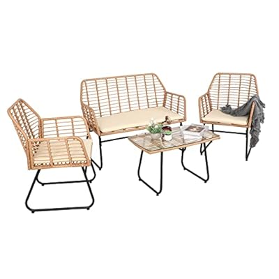 PAOLFOX 4 Piece Patio Conversation Sets,Wicker Patio Furniture Sets,Outdoor Patio Furniture,Outside Furniture,Backyard Furniture,Front Porch Furniture,Beige