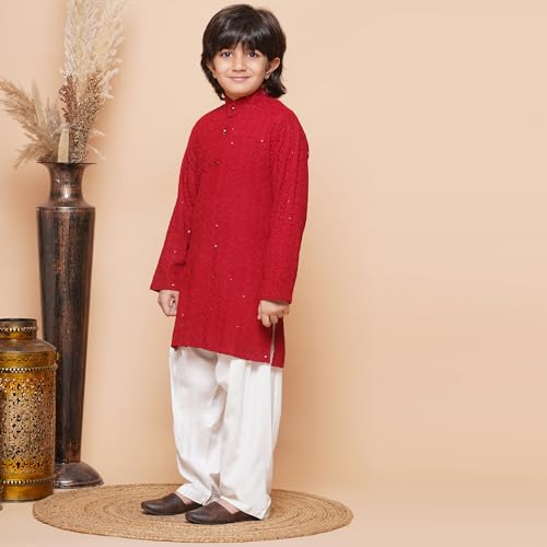 Image of AJ DEZINES Kids Cotton Full Sleeve Sequined Chikankari Red Kurta Pajama Set for Boys - Ethnic wear | Special Occasion & Party Outfit | Mandarin Collar Kurta for boys - Regular Fit
