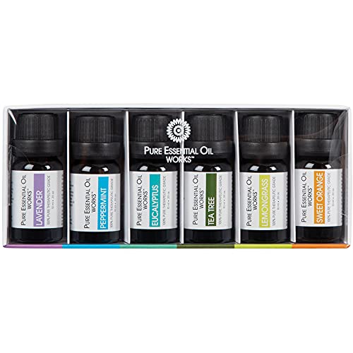Pure Essential Oil Works Top 6 Aromatherapy Oil Kit, 100% Pure Therapeutic Grade Essential Oils - Lavender, Peppermint, Eucalyptus, Tea Tree, Lemongrass and Sweet Orange - 10ml