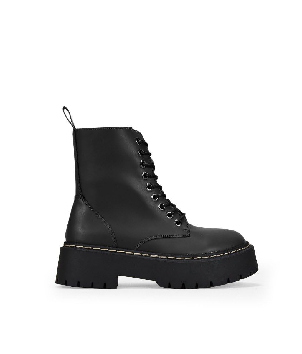 BOSANOVA Bottes militaires style punk fabriquées en cuir vegan avec plateforme dentée et lacets jusqu'au sommet. Fermeture éclair. Chaussures pour femme