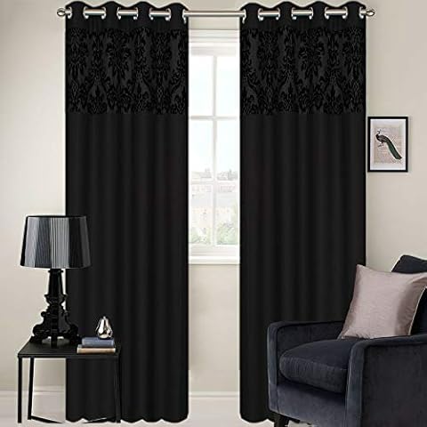 RING TOP FULLY LINED PAIR EYELET CURTAINS BAROQUE DAMASK RED BLACK (Black, 90" Width x 90" Drop) Cover