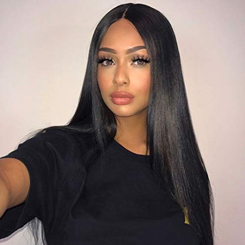 ValarDiser Long Black Wig Middle Part Straight Black Wigs For Women Natural Looking Synthetic Heat Resistant Wig Long 26 Inch Darily Party Use（Black）