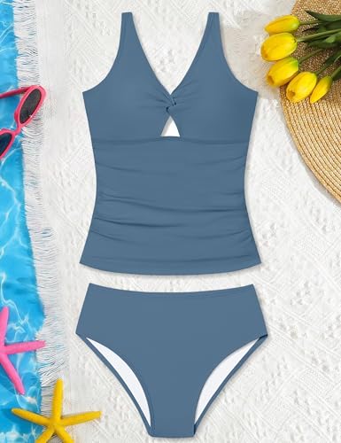 CRISONE Girls Swimsuit 2 Piece Twist Tankini Swimsuits Ruched Tropical Printed Girl Bathing Suit for 9-16 Years4