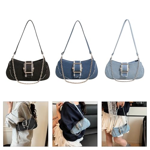 Stylish Jean Shoulder Bag With Chain Detail For Women Casual Travel Compact Armpit Purse Outdoor Essential Handbag Phone Stor2