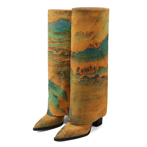 Limited‑Edition Fabric Landscape Print Cowboy Boots 9 cm Block Heel – Perfect for Country Concerts2