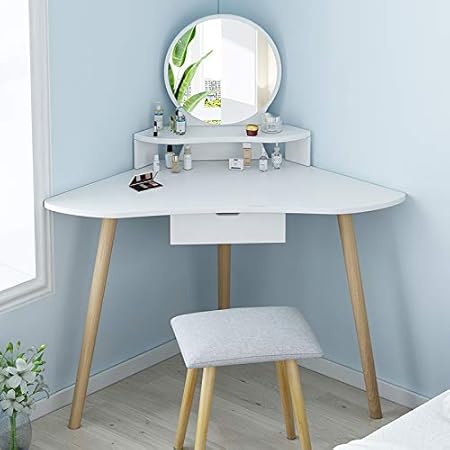 Mfgdf Bureau De Maquillage De Coiffeuse Incurvee D Angle Avec Miroir Rond Pour Chambre A Coucher Pour Filles 1 Grands Tiroirs Coulissants Amazon Fr Cuisine Maison
