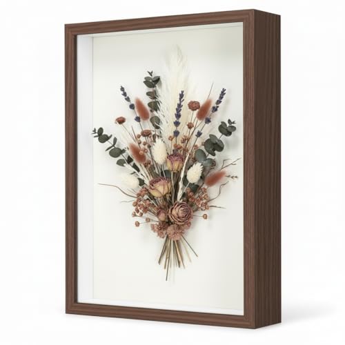 Marco de Imagen 3D Relleno, 21x29,7 cm, Profundidad del Marco de Objeto 3D 3 cm,Imagen Relleno Profundo Caja sombreada con Placa de acrílico Transparente, Medalla de Foto Regalo Flores secas(Nuez)