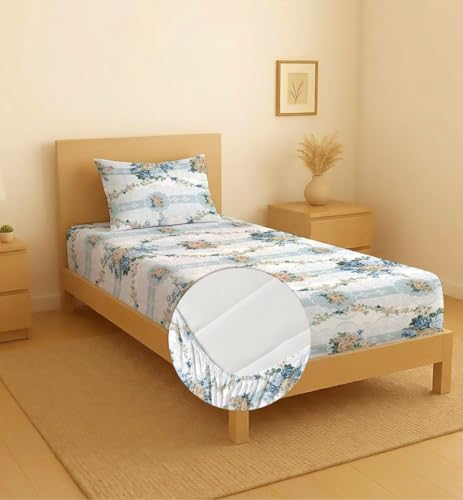 Image of la' amour Pure Cotton All Round Elastic Fitted Bedsheets with 1 Pillow Cover | Single Mattress Bed Breathable| Longlasting | Supersoft Size - 36 x 72 + 6 inches (Abstract, Color - White Teal)