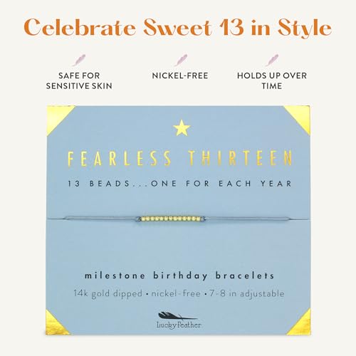 Lucky Feather 13 Year Old Girl Gifts | 13th Birthday Bracelet With Adjustable Cord & Message | 14k Gold Dipped Beads & Other Colors | Trendy Gifts For 13 Year Old Girl4