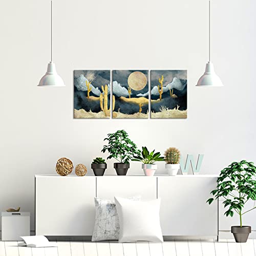 3 Piece Desert Cactus Canvas Wall Art Moon Mountain Painting Pictures Nordic Southwestern Prints Artwork For Living Room Bedroom Bathroom Decor Framed Ready To Hang #TOP3