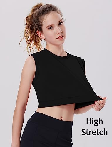 EXARUS Girls Tank Tops Dance Workout Athletic Crew Neck Sleeveless Elastic Waist Gym Crop Top Teen4