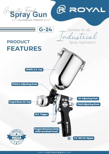 Image of G 24 Conventional Spray Gun | 2.5 mm Nozzle | 500 ml Stainless Steel Cup | Perfect for High Solid Paint Spray Applications