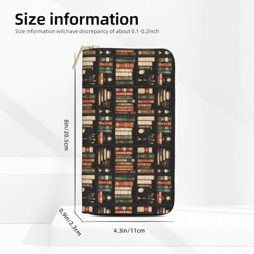 Leather Thin Slim Wallets for Women Men - Fashion Retro Bookshelf Print Card Wallet Holder with Zipper2