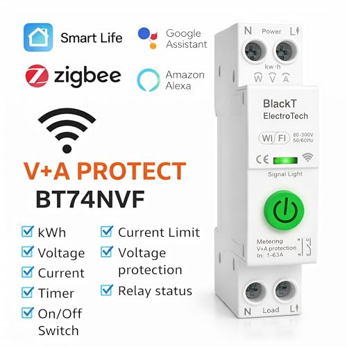 Image of Blackt Electrotech BT74NVF 63A Wi-Fi Circuit Breaker with Over-Voltage, Current Protection & Energy Metering Remote Control, Timer, & Power Monitoring | Smart Life, Alexa (Without Display)