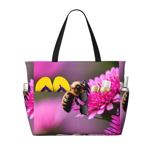Bee Flying 1 Large Beach Tote Bag Women Beach Tote Bag For Pool Gym Grocery Travel With Multiple Pocket