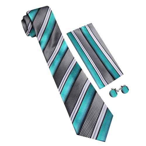 Image of Barry.Wang Man Stripe Ties Set Silk Woven Pocket Square Necktie Cufflinks Formal Party Business