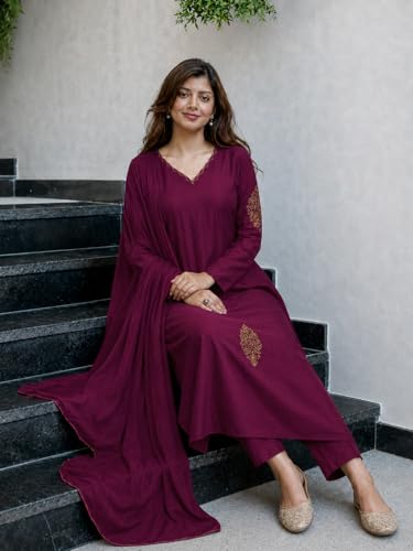 Image of ANNI Designer Kurta Set for Women Viscose Embroidered | A-Line Kurta Pant Dupatta Set for Woman | Long Sleeve V-Neck Stylish Ethnic 3 Piece Outfit Trendy Women Clothing