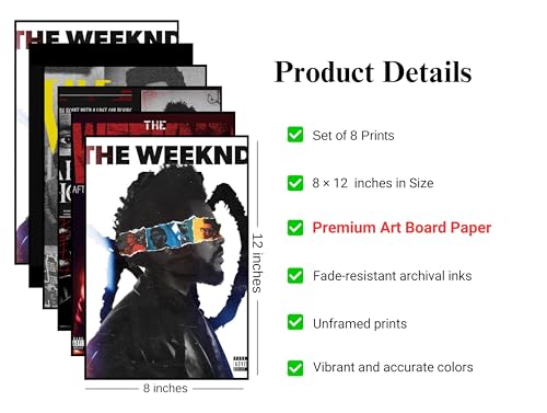 Image of Song Artist Aesthetic Music Posters Pack of 8 | A4 Size Wall Art for Bedroom, Living Room & Studio | Includes Adhesive Tape | Music Artist Poster Set (Weeknd)
