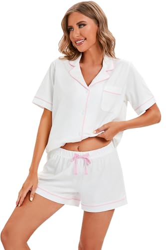 Image of LUBOT 100% Cotton Pajamas for Women 2 Piece PJ Set Button-Down Soft Knit Short Sleeve Summer Sleepwear Loungewear XS-XXL