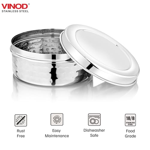 Image of Vinod Hammered Stainless Steel Puri Dabba | 450ml Capacity, 11cm Dia | Hammered Finish Multipurpose Stainless Steel Flat Storage Container for Puri, Snacks, Dry Food, Tiffin & Travel Use