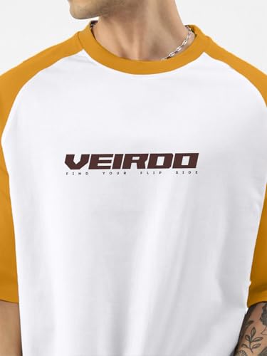 Image of Veirdo 100% Pure Cotton Oversized Loose Baggy Fit Drop Shoulder Round Neck Cool Front Chest Typographic Logo Printed Raglan Sleeve T-Shirt for Men (Colors: White, Black, Swanwhite, Beige & Grey)