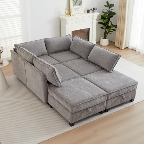 Image of ORRD Sleeper Modular Sectional Sofa Set, Convertible Couch Bed with Storage, 6 Seater and 4 Armrestes Sofa Modular for Living Room, Office (Grey)