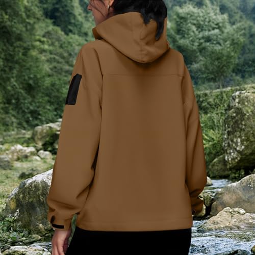Generisch Winterjacke Damen Warm Wasserdicht,Outdoor Jacken Für Damen Leichte Einfarbig Mit Kapuze Strickjacke Reißverschluss Regenmantel Mit Taschen Große Größen Freizeitjacke (Coffee-a, M)