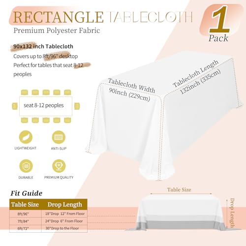 Nappe de table rectangulaire blanche lavable en polyester Teruntrue pour mariage et buffet