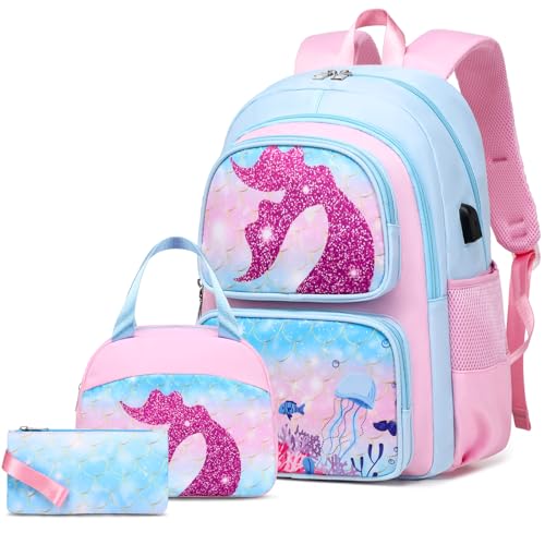 DIGOBAY Girls Backpack for School Set, 3pcs Toddler Kids Backpack with Lunch Box Pencil Case, Cute Mermaid Bookbag for Kindergarten Preschool Elementary School Students