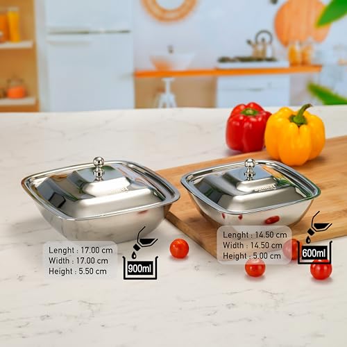 Image of Sumeet Stainless Steel Square Serving Bowl /Curry Bowl /Gravy Pot with lid, 600ml & 900ml capacity, 14.5cm & 17cm Dia, Set of 2 Pcs, Silver