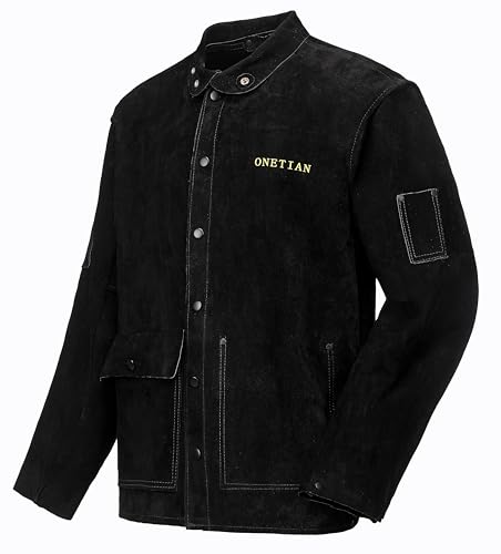 ONETIAN Schwarze Schweißerjacke aus Leder, Schweißer Schutzkleidung, FR Arbeitssicherheitsjacke, Hitzebeständig und Flammenresistent (L)