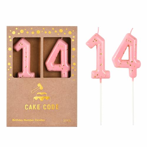 CAKE CODE 2.76 Inch Classical Pink Gold 14 Number Birthday Candles Gold and Pink Number Candles for Party Celebration