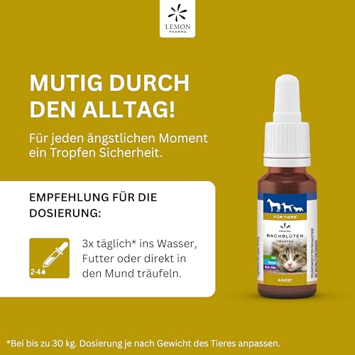 Lemon Pharma Bachblüten Tropfen Angst für Tiere – Beruhigung, Anti Stress für Haustiere, für Katzen und Hunde, Bio & Vegan